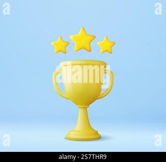 3D Champion Trophäe, Goldbecher mit goldenen Gewinnersternen mit umherschwebenden Objekten. 3D Champions belohnen Zeremonie Konzept mit Rangliste. 3D-Rendering. Vektorabbildung. 3D Champion Trophäe, Goldbecher. Stock Vektor