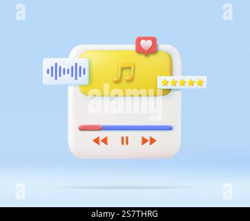 3D-Audio-Musik-Player-Konzept. Bedienelemente für die Wiedergabe von Audiomedien. 3D-Rendering. Vektorabbildung. 3D-Audio-Musik-Player-Konzept. Stock Vektor