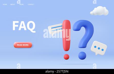 3D-Ausrufe und Fragezeichen. FAQ-Konzept. Stellen Sie Fragen, und erhalten Sie Antworten. Online-Support-Center. Häufig Gestellte Fragen. 3D-Rendering. Vektorabbildung. Ausrufe und Fragezeichen. Stock Vektor