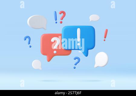 3D-QS-Sprechblase mit Frage- und Ausrufezeichen. Sprechen-Nachrichtenfeld mit Fragezeichen. FAQ-Symbolkonzept. 3D-Rendering. Vektorabbildung. 3D-QS-Sprechblase Stock Vektor