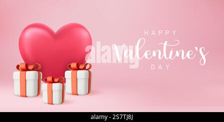 3. Valentinstag-Konzept. Banner Grußkarte großes Herz und Geschenkbox 3D-Rendering. Liebeskonzept für Happy Mother's Day, valentinstag, Geburtstag. Vektorabbildung. Geschenkbox mit offenem Ballonherz Stock Vektor
