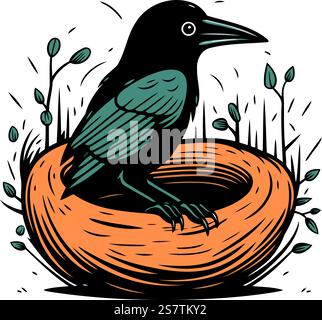 Krähe sitzt auf dem Nest. Vektorillustration im Vintage-Stil. Stock Vektor