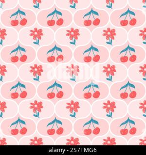Blumen mit Kirschkreiden, gezeichnet nahtlos. Durchgehender Hintergrund mit floraler Cokette. Damast Botanik im Hintergrund mit Kirschwiederholungen. Oberflächenmuster des Stock Vektor