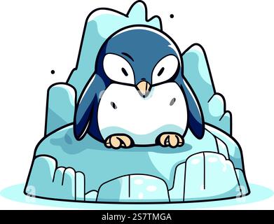 Süßer Pinguin, der auf einem Eisberg sitzt. Vektorillustration im Cartoon-Stil. Stock Vektor