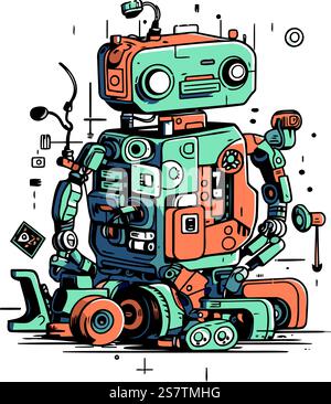 Vektordarstellung des Roboters. Niedlicher handgezeichneter Cartoon-Roboter. Kritzelroboter. Stock Vektor