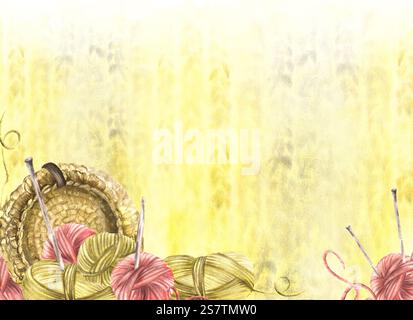 Garnknäuel mit handgefertigtem Korb und Stricknadeln Banner auf Aquarellstreifen mit Fischgrätenmuster. Ein Knäuel des Hobbystrickens Stockfoto