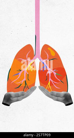 Kreative medizinische Illustration der Lunge mit leuchtenden Farben, unterstützt durch graue Hände. Konzeptionelles Kunstdesign. Stockfoto