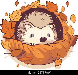 Igel in einem Kranz aus Herbstlaub. Vektorabbildung. Stock Vektor