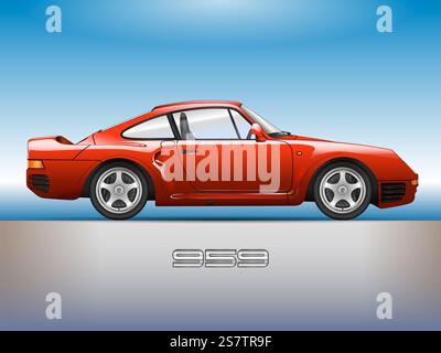 Deutschland, Jahr 1986, Porsche 959 Oldtimer und klassischer Sportwagen, umrissene Silhouette, farbige Abbildung Stockfoto