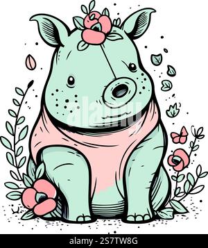 Niedliches Nilpferd mit Blumen und Blättern. Handgezeichnete Vektorgrafik. Stock Vektor
