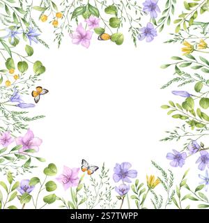 Aquarell Frühlingsblumen, Eukalyptuszweige, fliegende weiße orange Schmetterlinge handbemalten quadratischen Rahmen. Blumenabbildung mit Kopierraum Stockfoto