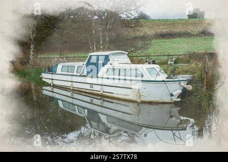 Digitale Aquarellmalerei von Booten, die entlang des Caldon-Kanals in der Nähe von Denford, England, Großbritannien, vertäut sind. Stockfoto