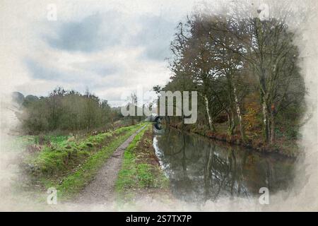 Digitale Aquarellillustration des Aquädukts Hazlehurst, das den Leek-Zweig über den Caldon-Kanal bei Denford in Staffordshire, England, Großbritannien, führt. Stockfoto