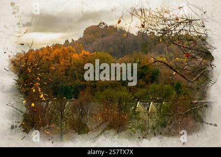 Digitale Aquarellmalerei mit leuchtenden Herbstbäumen und Blattfarben entlang des Caldon-Kanals bei Froghall in Staffordshire, England, Großbritannien. Stockfoto