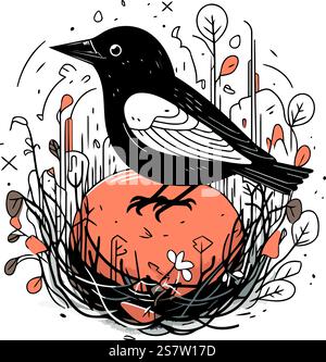 Hand gezeichnete Vektorillustration einer Krähe, die auf einem Kürbis in einem Nest sitzt. Stock Vektor