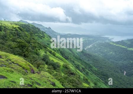 Majestätische grüne Hügel der Western Ghats unter einem bewölkten Himmel, die die ruhige Schönheit der Natur während der Monsunsaison zeigen Stockfoto