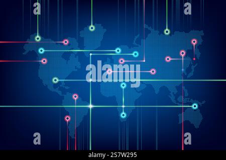 Abstrakte digitale Weltkarte mit miteinander verbundenen Punkten und leuchtenden Linien. Internationale Kommunikation und Datenübertragung. Stockfoto