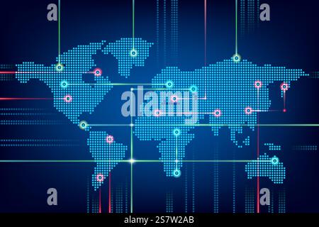 High-Tech-Weltkarte mit Leuchtpunkten und vernetzten Linien, die globale digitale Kommunikation und Vernetzung zeigt Stockfoto