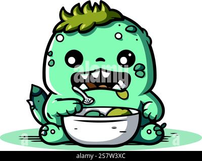 Komisches Comic-Monster, das eine Schüssel mit Essen isst. Vektorabbildung. Stock Vektor
