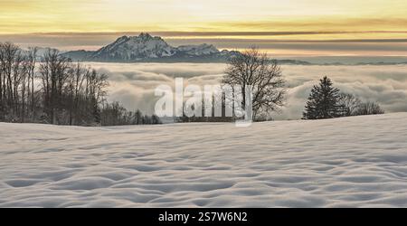 Blick vom Zugerberg über das Nebelmeer im Licht der untergehenden Sonne, hinter dem schneebedeckten Pilatus, Kanton Zug, Schweiz, Europa Stockfoto