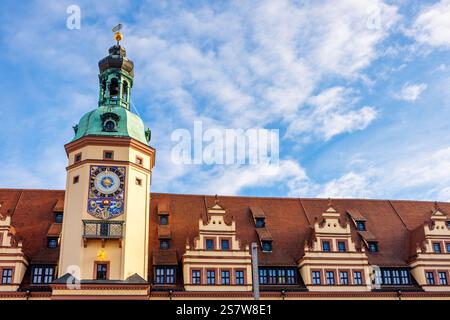 Leipziger Turmuhr am Altstadtplatz oder Marktplatz, Leipzig, Deutschland Stockfoto