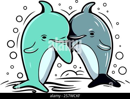 Zwei verliebte Delfine. Vektor-Illustration im Cartoon-Stil isoliert auf weißem Hintergrund. Stock Vektor