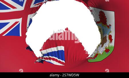 Großes Loch in Bermuda-Flagge, weißer Hintergrund, 3D-Rendering Stockfoto