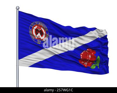 CA auf Windsor City Flag am Fahnenmast, Land Kanada, isoliert auf weißem Hintergrund, 3D-Rendering Stockfoto