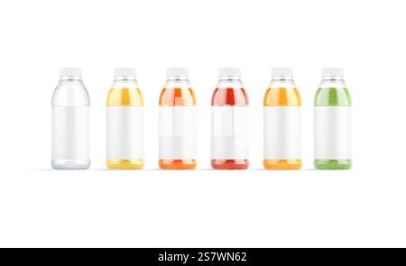 Leere 16-oz-Kunststoffflasche mit verschiedenen Saftmodellen, Vorderansicht, 3D-Rendering. Leeres Wasser, Orange, Kiwi, Ananas und Karotten Entsaften Nektar-Mock Stockfoto