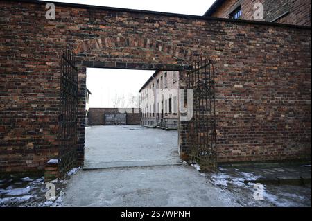 80. Jahrestag der Befreiung des deutschen Konzentrations- und Vernichtungslagers. Europas größtes Zelt für die Befreiung von Auschwitz-Birkenau. Gedenkstelle Todeswand im Hof zwischen Block 10 und Block 11, Stammlager I. Auschwitz I - Stammlager. Das deutsche Konzentrationslager Auschwitz I gehörte als Stammlager neben dem Vernichtungslager KZ Auschwitz II Birkenau und dem KZ Auschwitz III Monowitz zum Lagerkomplex Auschwitz und war eines der großen NS-Konzentrationslager. Es befand sich zwischen Mai 1940 und Januar 1945 nach der Besetzung Polens im annektierten südpolnischen Gebiet des deutsc Stockfoto