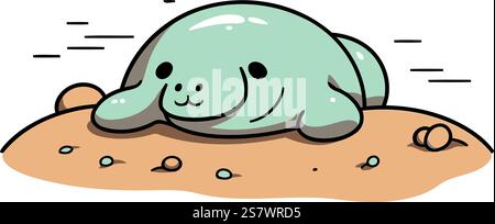 Niedlicher kleiner Elefant, der auf dem Sand schläft. Vektorabbildung. Stock Vektor