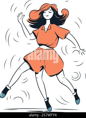 Schönes Mädchen in rotem Kleid, das springt und tanzt. Vektorabbildung. Stock Vektor