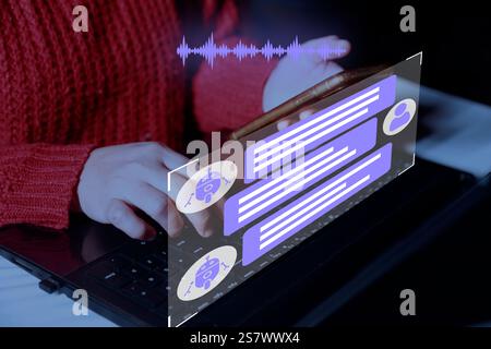 Chatbot-Gespräch. Person, die den Online-Kundendienst mit Chat bot nutzt, um Support zu erhalten. Technologie für künstliche Intelligenz und CRM-Softwareautomatisierung Stockfoto