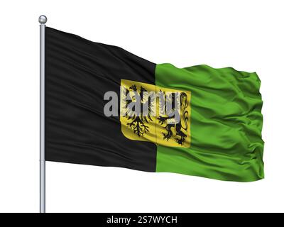 Ninove City Flag am Fahnenmast, Land Belgien, isoliert auf weißem Hintergrund, 3D-Rendering Stockfoto