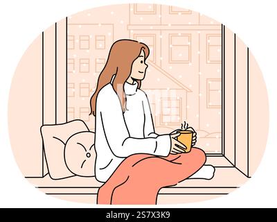 Frau sitzt auf der Fensterbank mit Decke auf den Knien und Tasse heißen Tee in den Händen und blickt aus dem Fenster auf den fallenden Schnee. Traumhaftes Mädchen, das auf der Fensterbank sitzt und Komfort genießt Stock Vektor