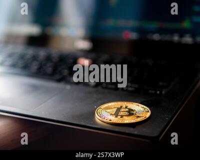 Eine Goldmünze mit dem Bitcoin darauf sitzt auf einer Laptop-Tastatur. Die Münze wird auf der Tastatur in der Mitte des Bildschirms platziert Stockfoto
