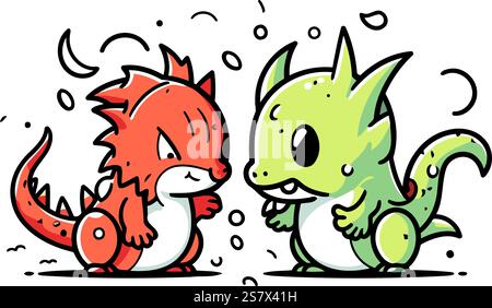 Vektor-Illustration von zwei süßen kleinen Drachen. Zeichentrickstil. Isoliert auf weißem Hintergrund. Stock Vektor