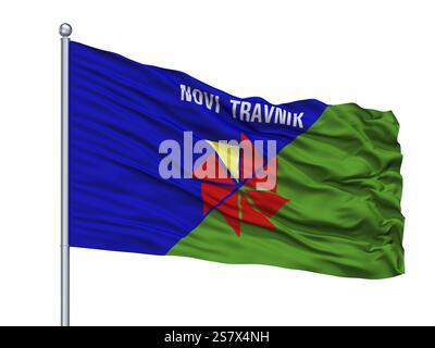 Novi Travnik Stadtflagge am Fahnenmast, Land Bosnien-Herzegowina, isoliert auf weißem Hintergrund, 3D-Rendering Stockfoto