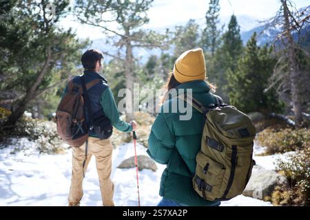Junges, nicht erkennbares Paar in einem verschneiten Berg, das die Waldlandschaft bewundert. Stockfoto