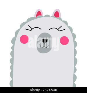 Niedliches Alpaka-Gesicht mit grauem Fell, rosa Wangen, geschlossenen Augen und kleinen Ohren, flacher Cartoon-Stil Stock Vektor