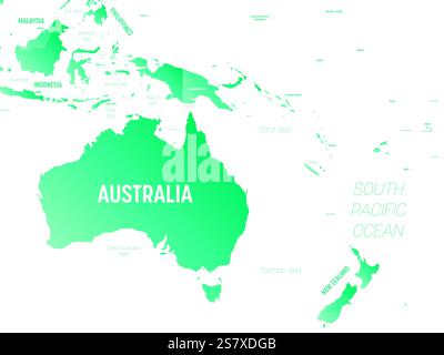Australien und Ozeanien - hoch detaillierte politische Karte der australischen und pazifischen Region mit Land-, Meer- und Meeresnamen Kennzeichnung. Stock Vektor
