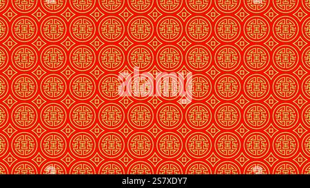 Chinesische Mustertextur mit gelben Kreisen auf rotem Hintergrund für das chinesische Neujahr Stock Vektor