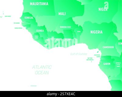 Westafrika - hoch detaillierte politische Karte von westafrika und der Region Bay of Guinea mit Land-, Ozean- und Meeresnamen. Stock Vektor