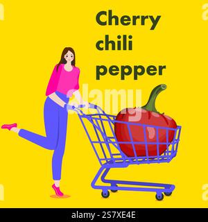 Eine Frau hält einen Wagen mit rotem Kirschpfeffer oder ungarischem Kirschpfeffer. Chili Paprika. Isolierte Vektordarstellung. Stock Vektor
