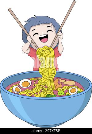 Diese Vektor-Illustration zeigt ein fröhliches Comic Boy Maskottchen, das eine große Schüssel Ramen-Nudeln mit Essstäbchen umrührt und die Begeisterung für das Delicio zeigt Stock Vektor