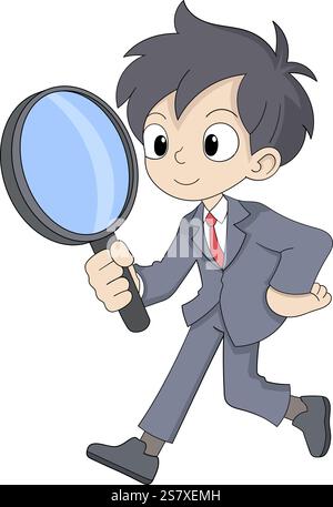 Diese Vektor-Illustration zeigt ein Geschäftsmann Maskottchen in einem Anzug, hält eine Lupe, um Untersuchung, Analyse und zu symbolisieren Stock Vektor
