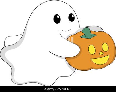 Diese Vektor-Illustration zeigt eine niedliche und freundliche Geisterfigur, die fliegt, während sie einen lächelnden Jack o Laterne Kürbis hält, perfekt für Halloween Stock Vektor