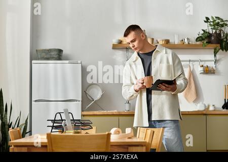 Ein stilvoller junger Mann arbeitet fernab und schlürft Kaffee in seiner eleganten Wohnung. Stockfoto