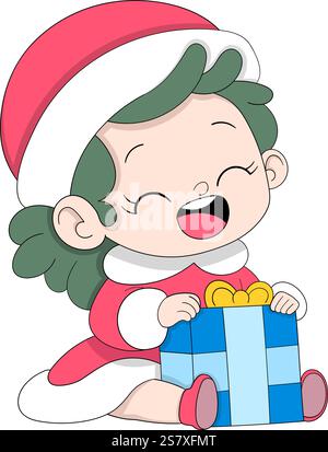 Ein fröhliches Karikaturmädchen in Weihnachtsmannmütze und festlichem rotem Outfit öffnet freudig eine blaue Geschenkbox mit einem gelben Band Stock Vektor