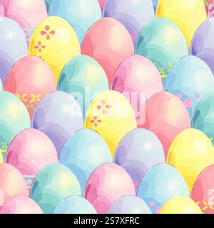 Frohe ostern nahtloses Muster von farbigen Eiern. Festliche Aquarelle handgezeichnete Illustration. Niedliches Fliesenschmuck zum Einpacken, Textil, Küchenkunst und Stockfoto